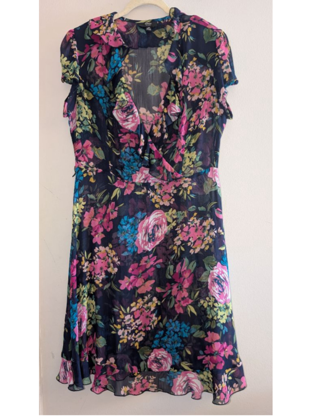MSK Navy Floral Ruffle Wrap Dress 14P, women's